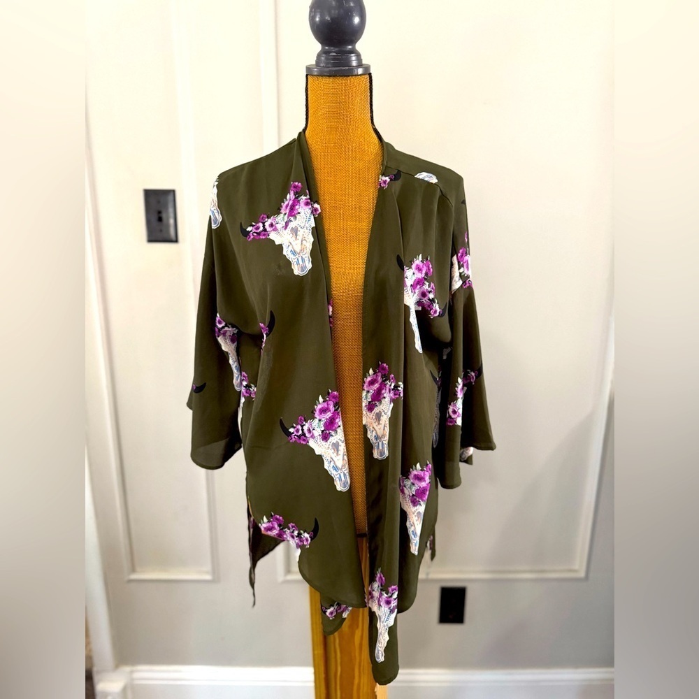 Peach Love Womens Longhorn Cow skull floral kimono boho hunter green size small